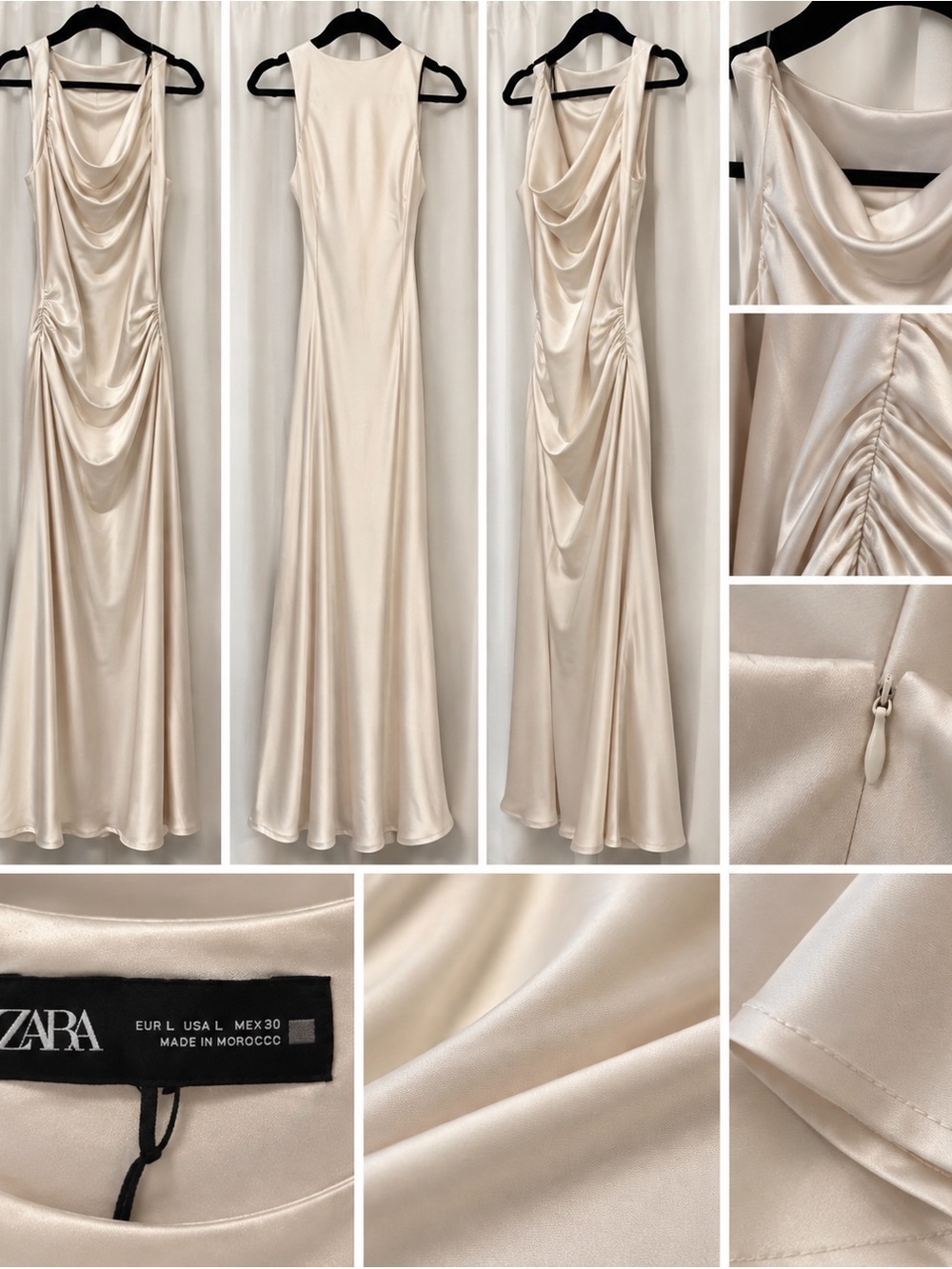 Zara Cream Satin Draped Maxi Dress